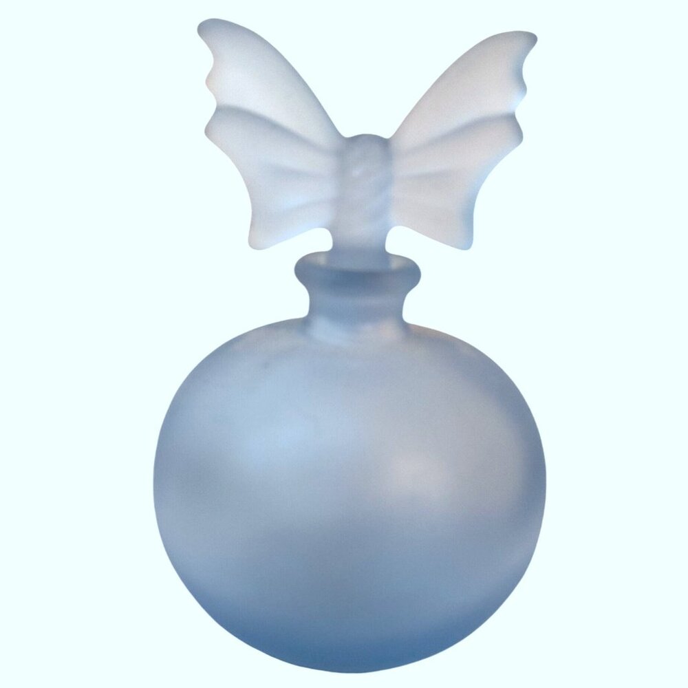 Frosted Blue Glass Butterfly Perfume Bottle Hand Blown Knobler